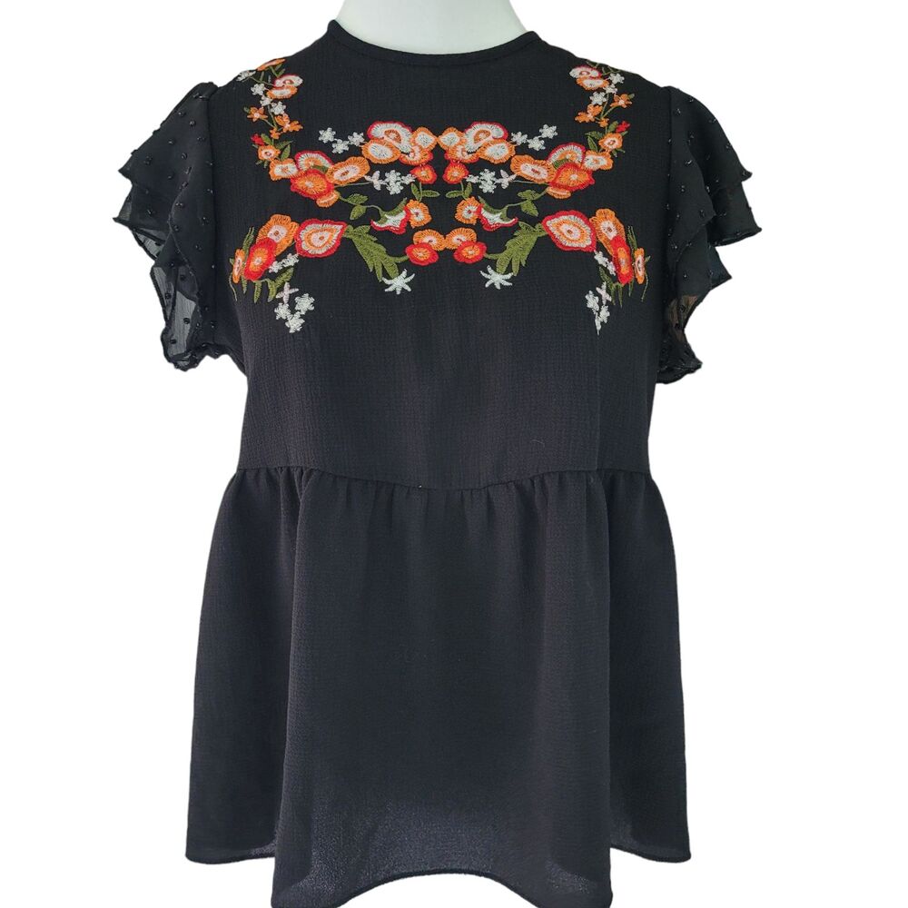 Shein Black Floral Embroidery Mesh Top Shirt Ruffle Sleeve  Blouse Size Small